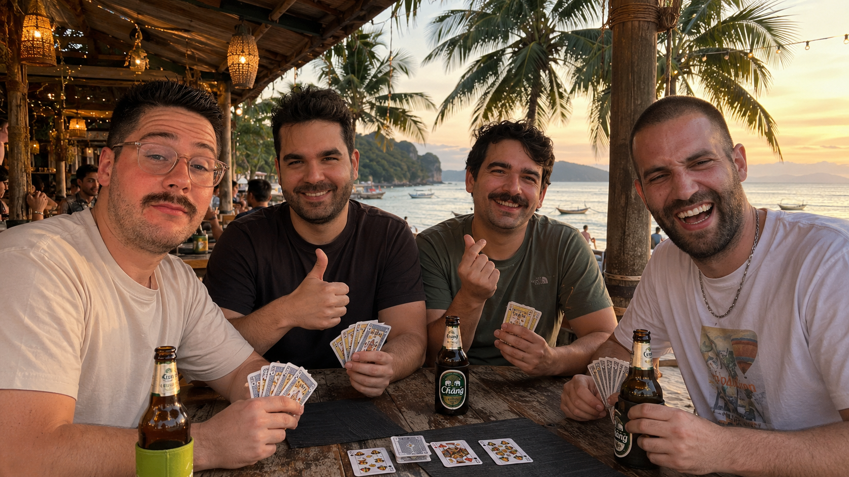 Vier Freunde beim Jassen und Biertrinken am Strand in Thailand