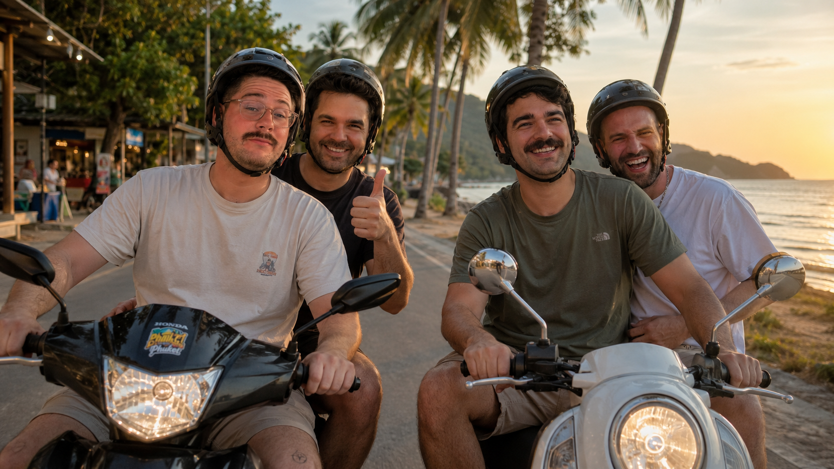 Vier Freunde auf Scootern bei Sonnenuntergang auf Koh Lanta